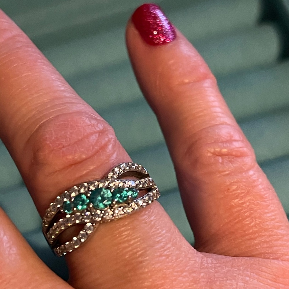 Simulated Apatite and Faux Diamonds Silver Ring